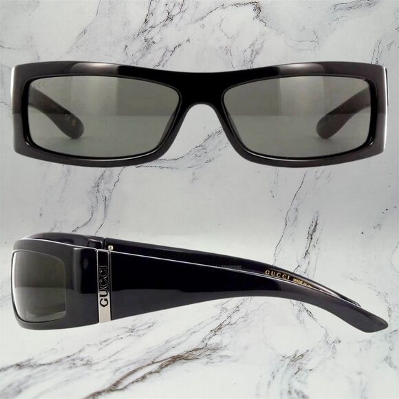 GUCCI Sunglasses New Black Wrap Square Acetate Fashion Show Rectangle Metal Logo - Picture 2 of 13